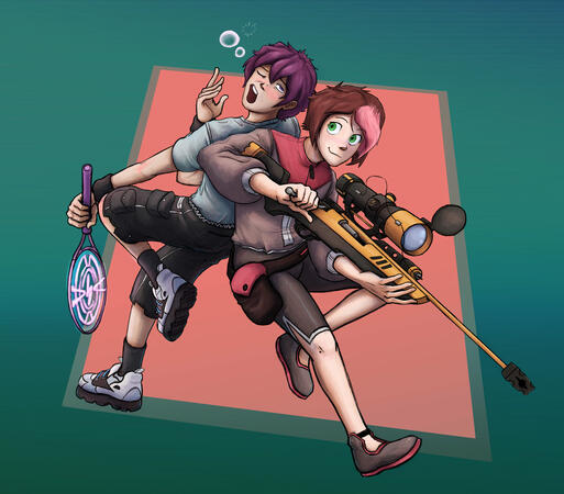 full body + additional character, simple BG