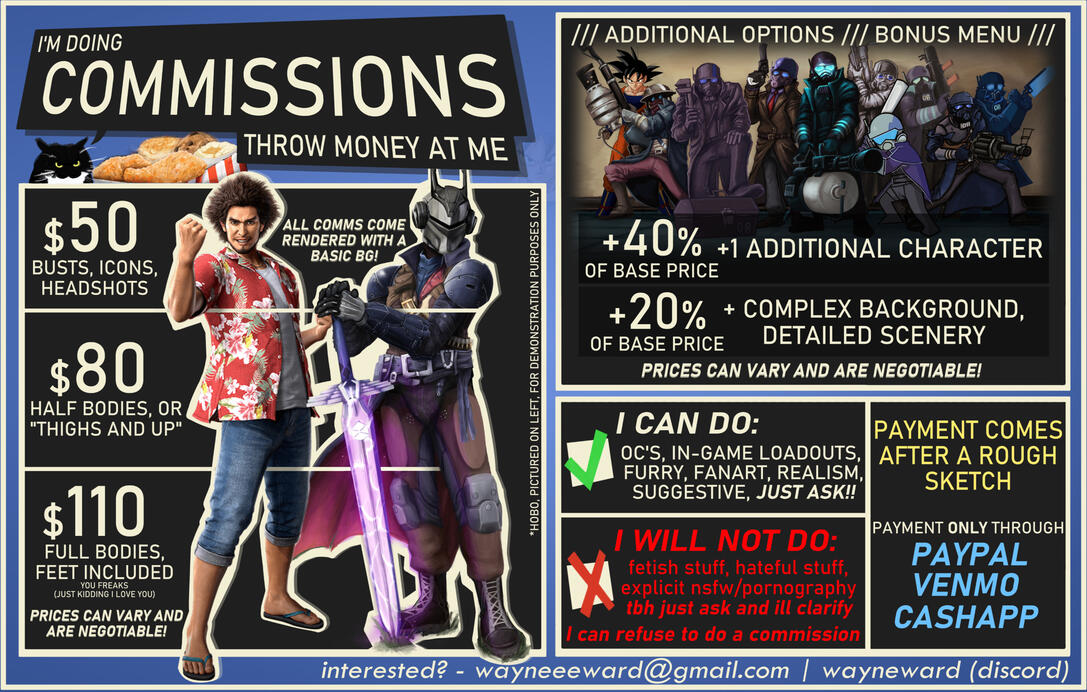commission information: $50USD Busts, Icons, Headshots. $80USD Half bodies, or "thighs and up." $110USD Full bodies. An additional +40% charge of base price for 1 extra character. An additional +20% charge of base price for a complex background. Prices can